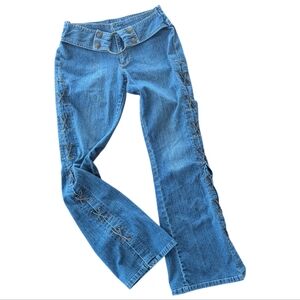 Y2K flare jeans low waist with leather lace détail size 9 fit 7